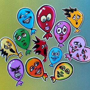 Adesivi per il viso a palloncino, confezione da 12, in vinile, resistenti all'acqua e ai graffi, per biglietti di auguri, diari, pianificatori, album da disegno, computer portatili, collage, da collezione