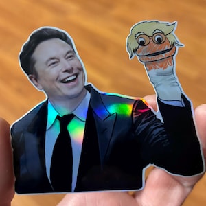 Pegatina holográfica de marioneta de calcetín de Elon Trump, perfecta para botellas de agua, portátiles, cuadernos, planificadores de cartas, cuadernos de bocetos, diarios, álbumes de recortes, coleccionables