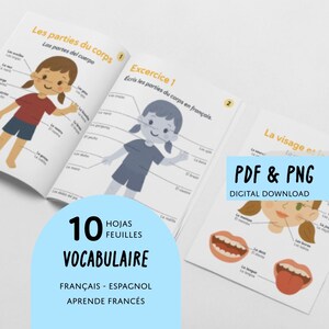 Les parties du corps | Aprende francés con el cuerpo humano  | PDF PNG imprimible A4 bilingue français-espagnol pour enfants
