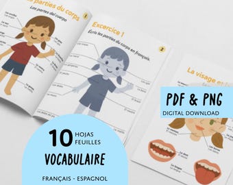 French Spanish Body Parts Printable Worksheets (PDF + PNG)
