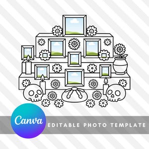 May include: Black and white line art illustration of a Day of the Dead altar. The altar features picture frames, flowers, candles, skulls, and a vase. The image includes the text "Canva EDITABLE PHOTO TEMPLATE".