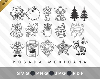 Posada Mexicana Bundle | 16 lineart designs | SVG PNG clipart for cutting machines | UX icons