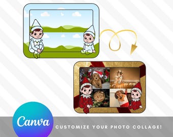 Elf on the shelf editable photo collage | digital Canva template | space for 4 pictures