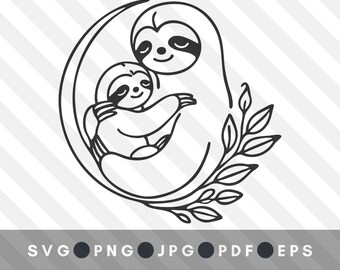 Maman paresseux et bébé paresseux lune SVG PNG | paresseux couper fichier | Svg vie de paresseux | Paresseux cricut et sublimation | Mignon bébé paresseux SVG Fête des Mères