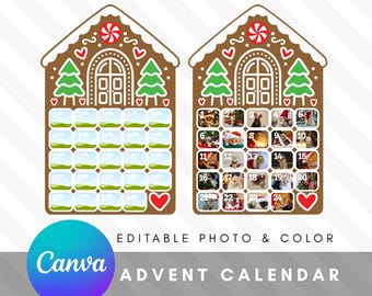 Gingerbread House Advent Calendar Canva Template | Christmas Photo Collage | Editable Color | Add Family Pictures