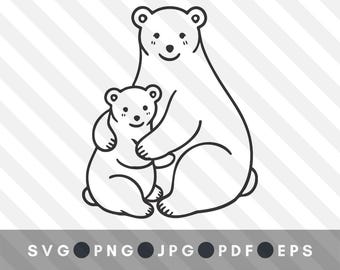 Maman ours et bébé ours étreignant SVG PNG |  Famille d'ours linéaires | lineart de désherbage d'ours en vinyle | fichier png svg fête des mères | Ours Cricut