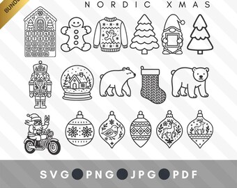 Nordic Christmas SVG Bundle | Scandinavian Xmas Line Art | Gingerbread House, Gnome, Ornaments, Sweater, Polar Bear | UX icons