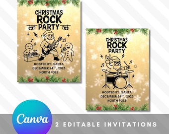 2 Editable Christmas Rock Digital Invitations | Canva template | Santa Claus rock!