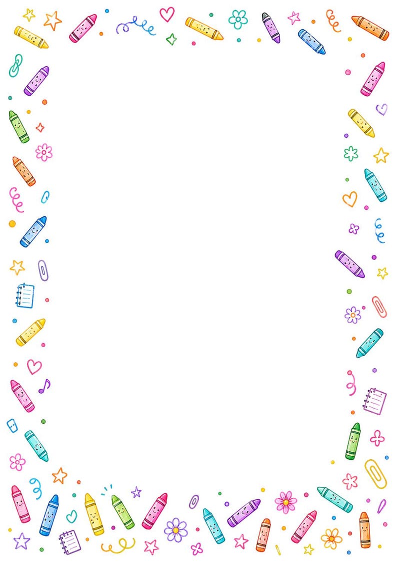 16 Crayon Border Clipart, Printable Classroom Paper JPG, Back To School,  A4 Page, Teacher Worksheet Frames, School Digital Download Kit
