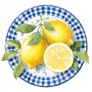 Può includere: Un piatto rotondo con un bordo a quadretti blu e bianchi e una superficie centrale bianca decorata con un'illustrazione ad acquerello di due limoni gialli interi, una fetta di limone e diverse foglie verdi con piccoli accenti floreali blu.