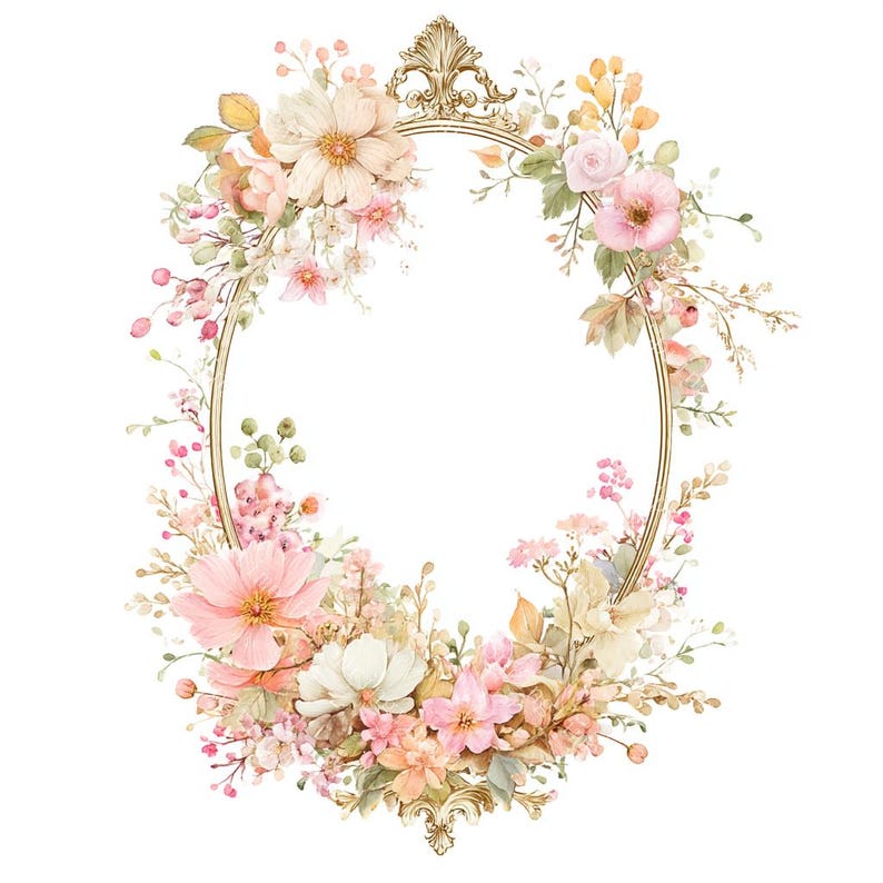 16 Floral Wedding Crest Clipart, Gold Ornate Frame, Victorian Frame, Printable Watercolor,High-Quality JPGs, Paper Craft, Junk Journal