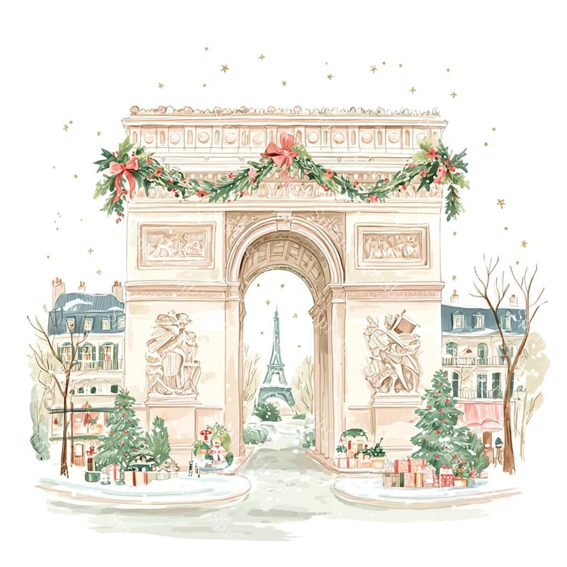 20 Christmas in Paris Clipart, Cute Paris Clipart, Paris Travel Art, Printable Watercolor,High-Quality JPGs, Papercraft, Junk Journal