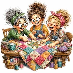 Puede incluir: Tres personas con cabello rizado y gafas redondas están reunidas alrededor de una mesa de madera, trabajando en una colcha de patchwork colorida. La escena incluye pilas de tela, una taza azul verdosa, un alfiletero y carretes de hilo.