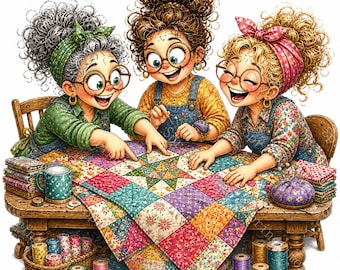 16 imágenes prediseñadas divertidas de mujeres del gremio de patchwork, amigas del patchwork, grupo de costura peculiar, arte de manualidades para retiros de patchwork, descarga digital