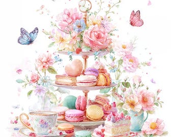 May include: Watercolor illustration of a tiered dessert stand with macarons, cakes, and a heart-shaped pastry. Pink and blue butterflies and flowers surround the stand, with a teacup and saucer in the foreground. The overall theme is a tea party.