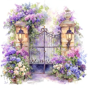 20 cliparts florales de portes de jardin, portes fleuries, porte florale en fer forgé, aquarelle imprimable, fichiers JPG de haute qualité, créations en papier, journal indésirable