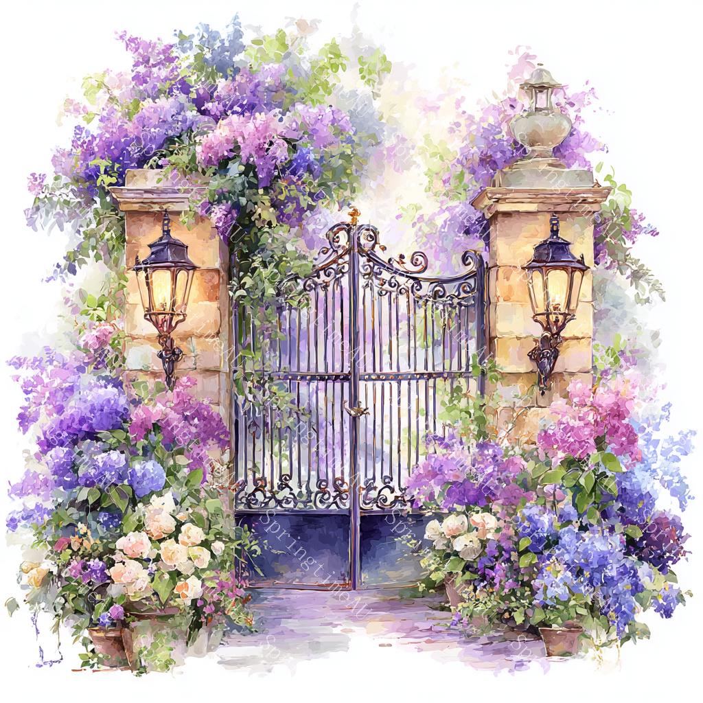 20 Clipart di cancelli da giardino floreali, cancelli fioriti, cancello in ferro battuto floreale, acquerello stampabile, JPG di alta qualità, lavoret