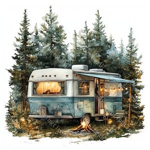 18 gemütliche Camping Anhänger Clipart, Retro Camping Anhänger, Abenteuer, Wohnwagen, Printable Aquarell, hochwertige JPGs, PaperCraft,Junk Journal