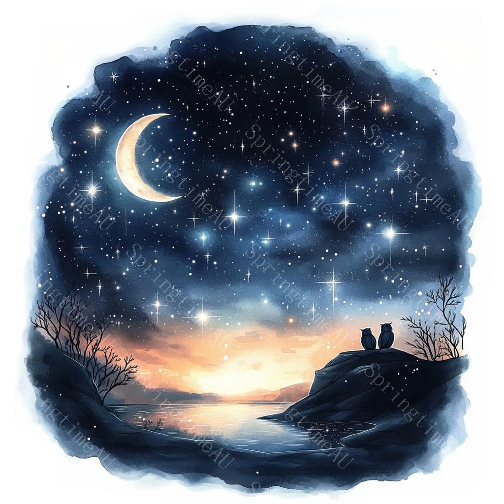 18 星空のクリップアート、夜空、夜の風景、印刷可能な水彩画、高品質