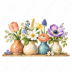 16 Cliparts mit Bordüren im Landhausstil, Aquarell-Keramiktöpfe und Gartenpflanzen, weißer Hintergrund, JPG-Download