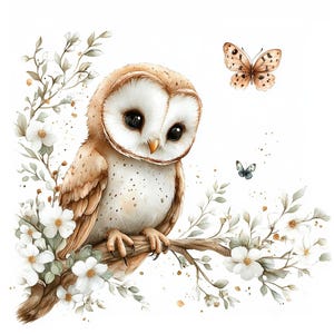 20 Cute Barn Owl Clipart, Woodland Owl, Floral Owl, Nursery Decor, Printable Watercolor, High-Quality JPGs, Papercraft, Junk Journal