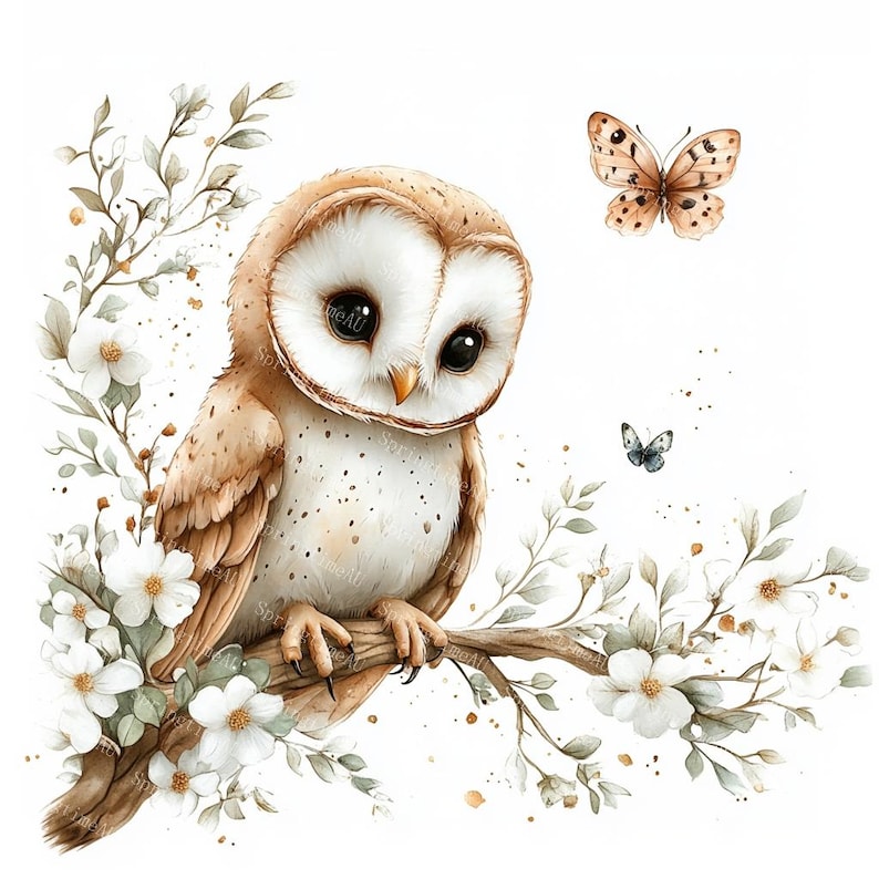 20 Cute Barn Owl Clipart, Woodland Owl, Floral Owl, Nursery Decor, Printable Watercolor, High-Quality JPGs, Papercraft, Junk Journal