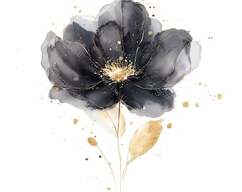 16 Abstract Black Flowers Clipart, Black and Gold Flower, Flowers Print, Printable Watercolor, High-Quality JPGs, PaperCraft, Junk Journal