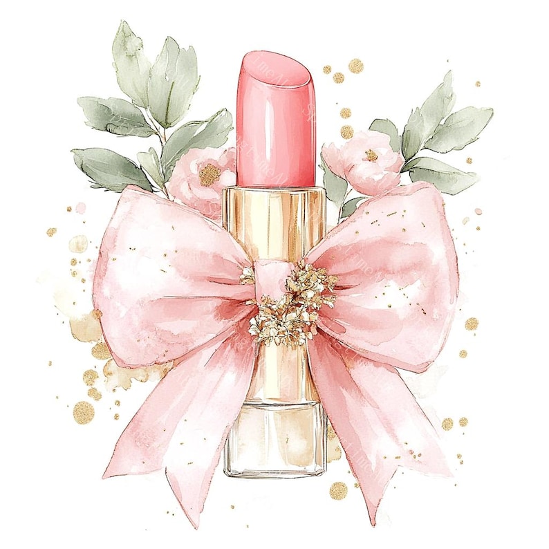 20 Pink Lipstick with Bow Clipart, Makeup Clipart, Feminine Cosmetics, Printable Watercolor, High-Quality JPGs, Paper Craft, Junk Journal