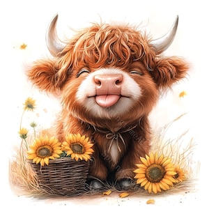 14 Highland Cow Sunflowers Clipart, Baby Highland Cow, Spring Flowers, Printable Watercolor, High-Quality JPGs, Paper Craft, Junk Journal