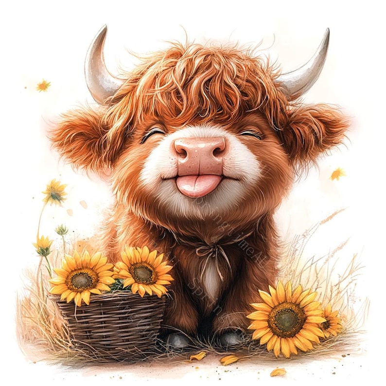14 Highland Cow Sunflowers Clipart, Baby Highland Cow, Spring Flowers, Printable Watercolor, High-Quality JPGs, Paper Craft, Junk Journal