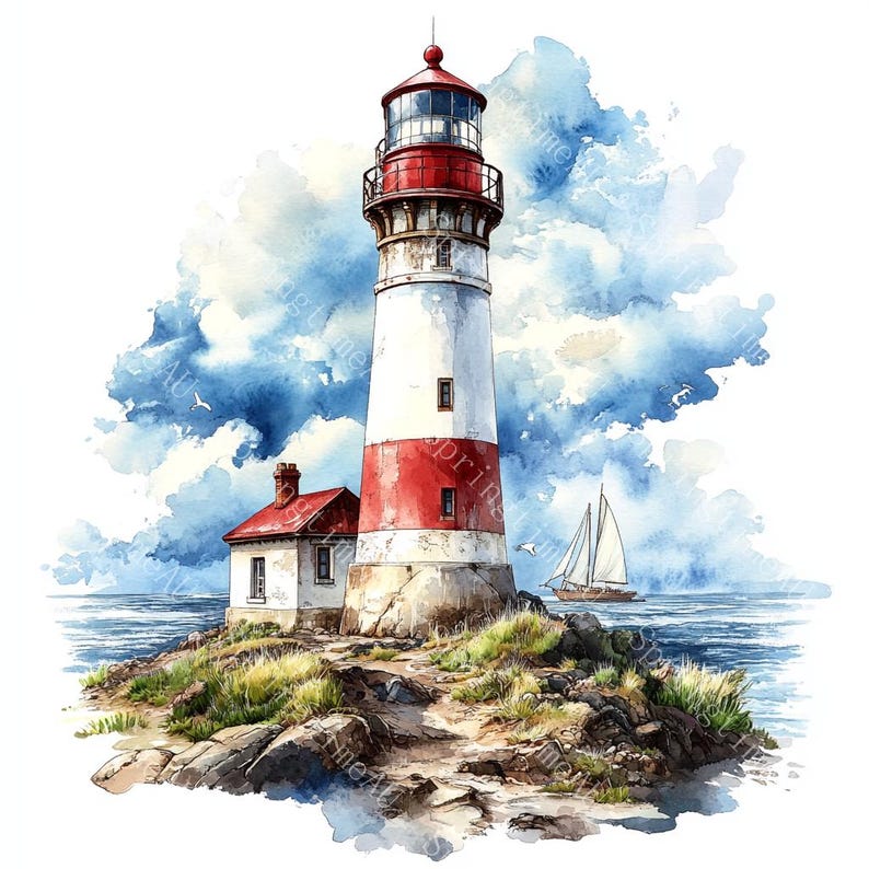 16 Vintage Lighthouse Clipart, Nautical Clipart, Ocean Clipart, Printable Watercolor, High-Quality JPGs, Paper Craft, Junk Journal