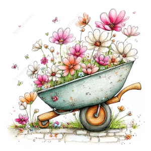 May include: A watercolor illustration of a light blue wheelbarrow overflowing with colorful flowers. The flowers are pink, white, and orange, with green foliage. The wheelbarrow has a wooden handle and a single wheel. Butterflies and small flowers are scattered around the wheelbarrow.