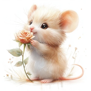20 graziose clipart di topi e fiori, topo con fiore, acquerello stampabile, JPG di alta qualità, lavoretti di carta, diario di scarto, download digitale