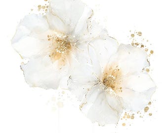 16 abstrakta vita blommor Clipart, vit och guld blomma, blomtryck, utskrivbar akvarell, högkvalitativa JPG-bilder, pappersarbete, skräpjournal
