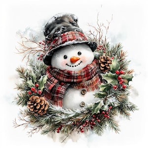 18 Vintage Snowman Clipart, Winter Snowman, Christmas Card, Printable Watercolor, High-Quality JPGs, Papercraft, Junk Journal