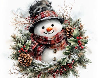 18 Vintage Snowman Clipart, Winter Snowman, Christmas Card, Printable Watercolor, High-Quality JPGs, Papercraft, Junk Journal