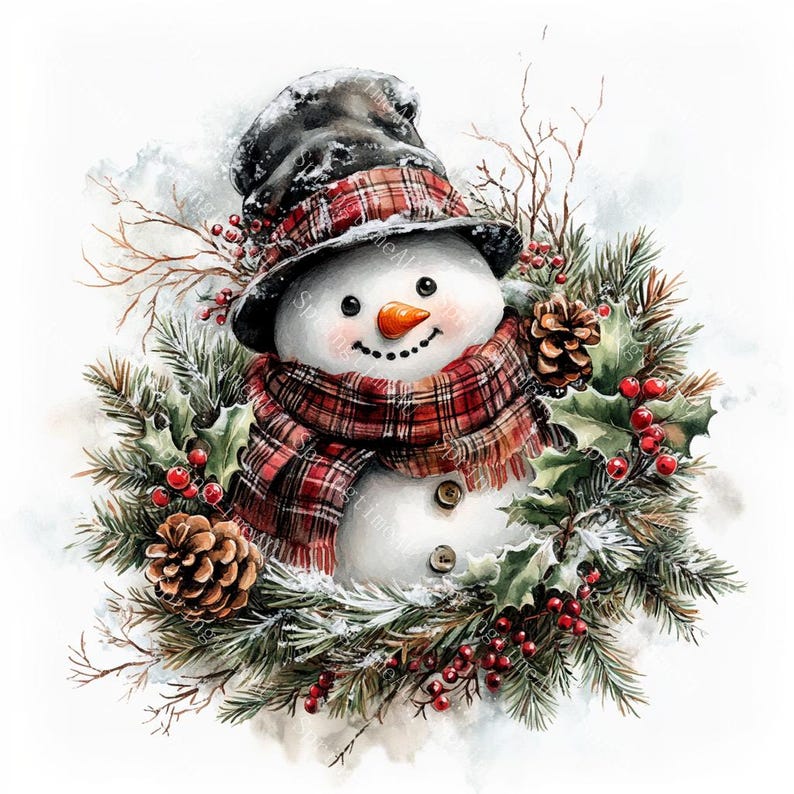 18 Vintage Snowman Clipart, Winter Snowman, Christmas Card, Printable Watercolor, High-Quality JPGs, Papercraft, Junk Journal