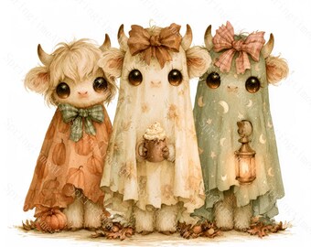 18 Ghost Highland Cow Clipart, Whimsical Watercolor JPG, Halloween Farm Sublimation, Cute Autumn Decor, Digital Download