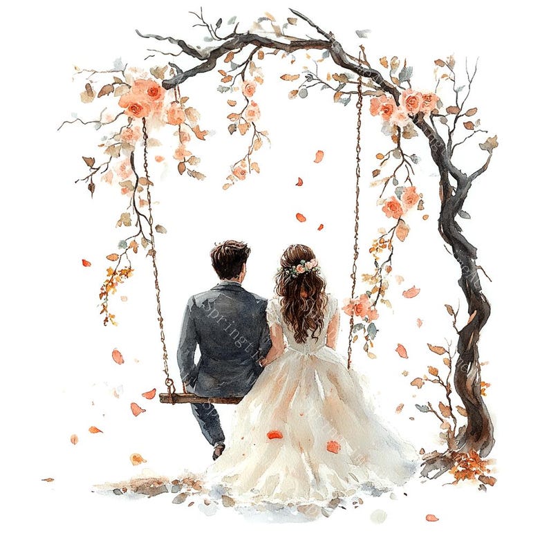 18 Bride and Groom on Swing Clipart, Wedding Clipart, Romantic Wedding Day, Printable Watercolor,High-Quality JPGs, Papercraft, Junk Journal