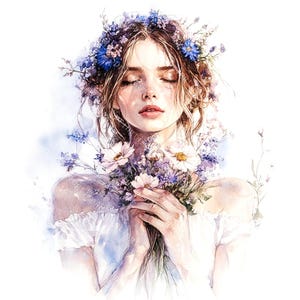 20 Clipart di ragazza tra i fiori, ragazza con fiori sul prato, fiore di campo, acquerello stampabile, JPG di alta qualità, creazione di carta, diario spazzatura