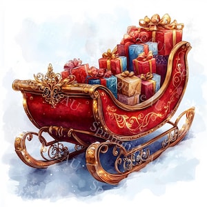 10 cliparts de traîneau de Noël, cadeaux de traîneau, travaux manuels des Fêtes, aquarelle imprimable, fichiers JPG de haute qualité, créations en papier, journal indésirable