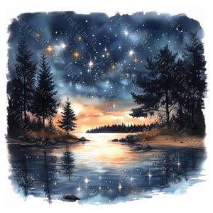 18 clipart de noite estrelada, céu noturno, cenas noturnas, aquarela para impressão, JPGs de alta qualidade, artesanato em papel, diário de lixo