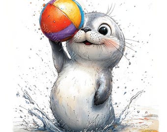 12 Funny Cute Seal Clipart, Baby Seal, Seal Nursery, Printable Watercolor, High-Quality JPGs, Paper Craft, Junk Journal