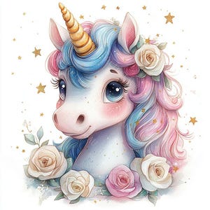 14 Rainbow Unicorn Clipart, Cute Unicorn Clipart, Baby Unicorn, Printable Watercolor, High-Quality JPGs, PaperCraft, Junk Journal