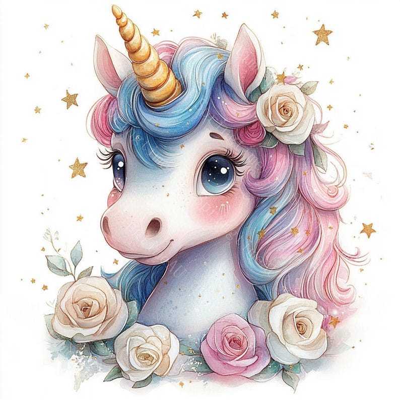 14 Rainbow Unicorn Clipart, Cute Unicorn Clipart, Baby Unicorn, Printable Watercolor, High-Quality JPGs, PaperCraft, Junk Journal