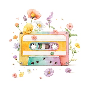 14 Floral Vintage Kassette Clipart, Retro Kassette, Hörkassette, druckbare Aquarell, hochwertige JPGs, Papiermodelle, Junk Journal