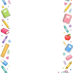 May include: A rectangular border illustration featuring colorful school supplies including various open and closed books, notebooks, pencils, crayons, erasers, paper clips, a ruler, a red apple, and a backpack arranged around a white center space.
