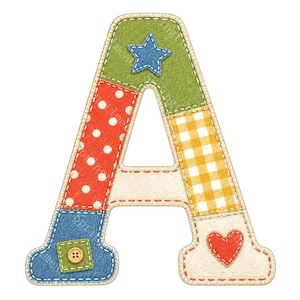 May include: A decorative letter A featuring a patchwork design with various textures and patterns. The top is green with a blue star, the left side is red with white polka dots, the right is yellow gingham, and the bottom has a blue button and red heart.