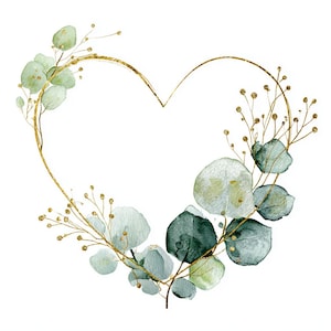 18 Grönt Hjärtformade Krans Clipart, Eukalyptusram, Blommigt Hjärta, Utskrivbar Akvarell, Högkvalitativa PNG/JPG, Papperspyssel, Skräpjournal