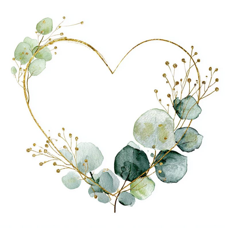 18 Greenery Heart Wreath Clipart, Eucalyptus Frame, Floral heart, Printable Watercolor, High-Quality JPGs, Papercraft, Junk Journal